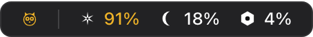 The macOS menu bar with UsageOwl's live readouts: Claude at 91% in amber, Kimi at 18%, Codex at 4%